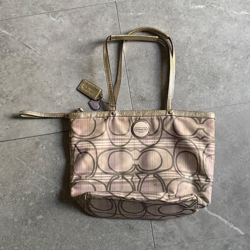 Y2K Coach Poppy Tartan Plaid Signature C Tote Bag Gold Tan